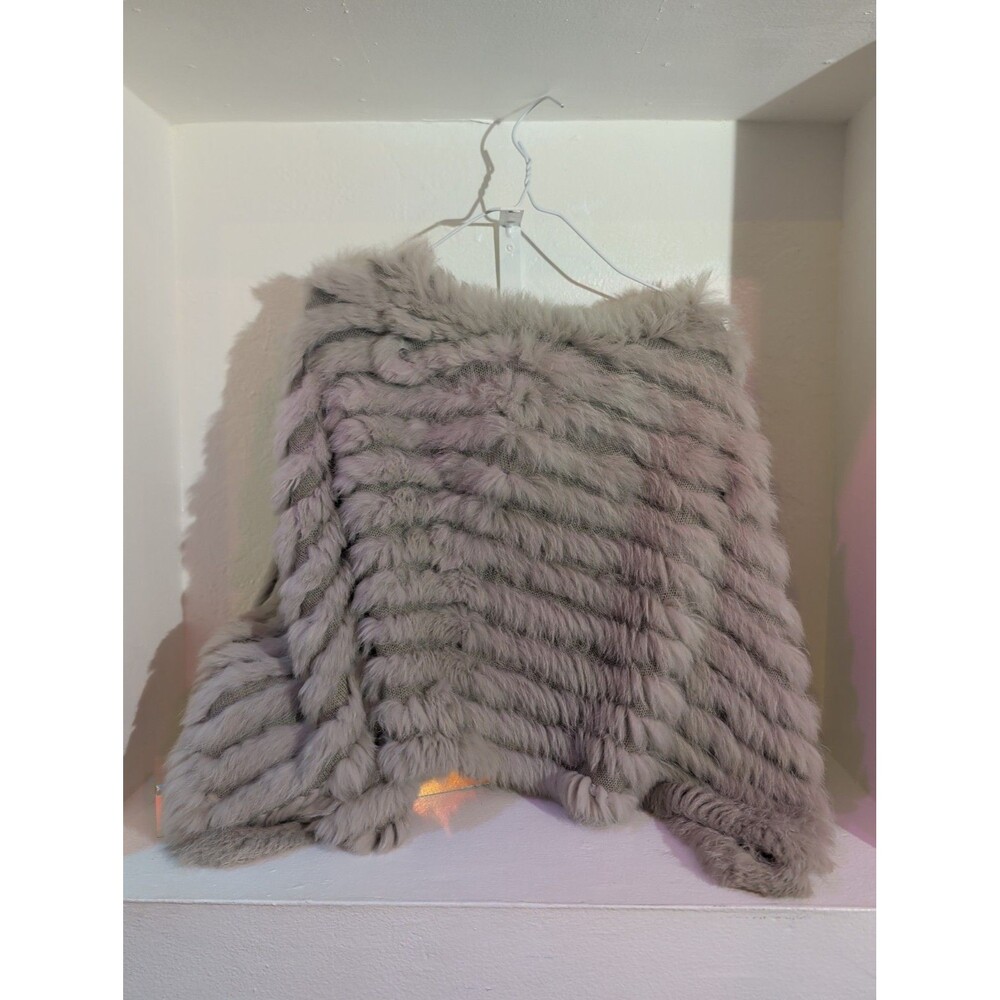 Adrienne Landau Real Rabbit Fur Poncho One Size Gray Luxury Fur Cape Wrap
